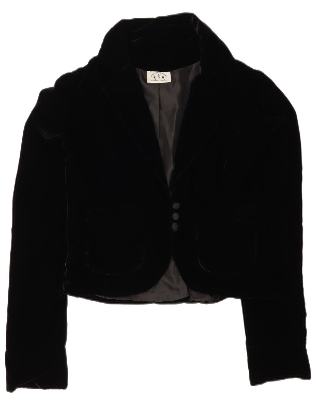 Giacca blazer in velluto da donna a 3 bottoni VINTAGE UK 12 media nera