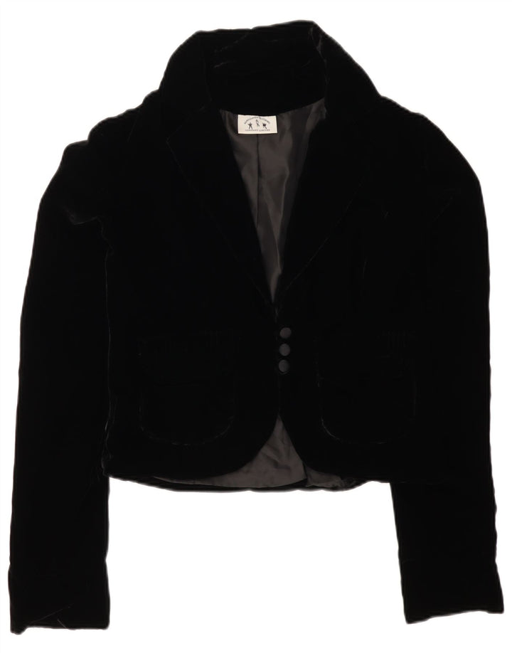 Giacca blazer in velluto da donna a 3 bottoni VINTAGE UK 12 media nera