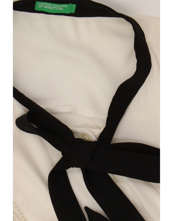 BENETTON Camicetta da donna con papillon UK 16 Large in viscosa color block bianca