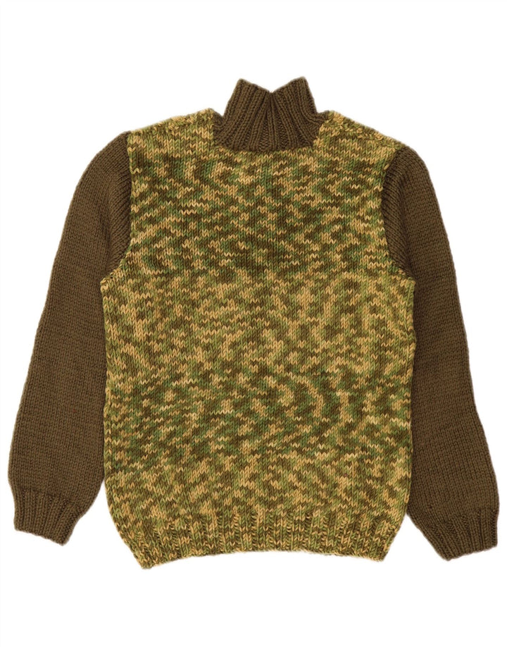 Maglione vintage da donna con collo a bottoni, UK 14, color block color kaki medio