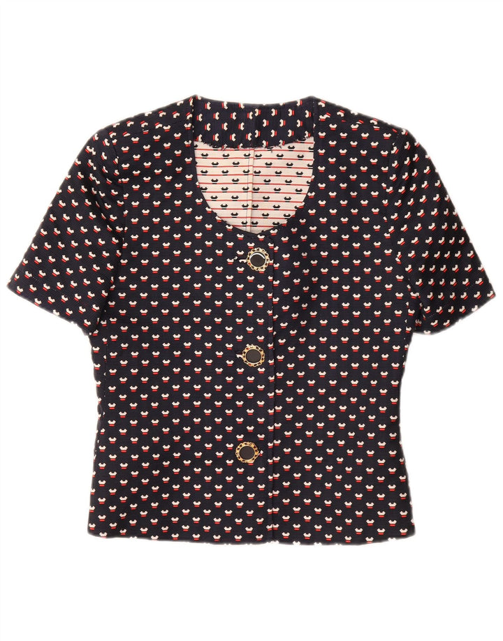 Set da donna VINTAGE a 3 bottoni e 2 pezzi UK 12 medio blu navy maculato