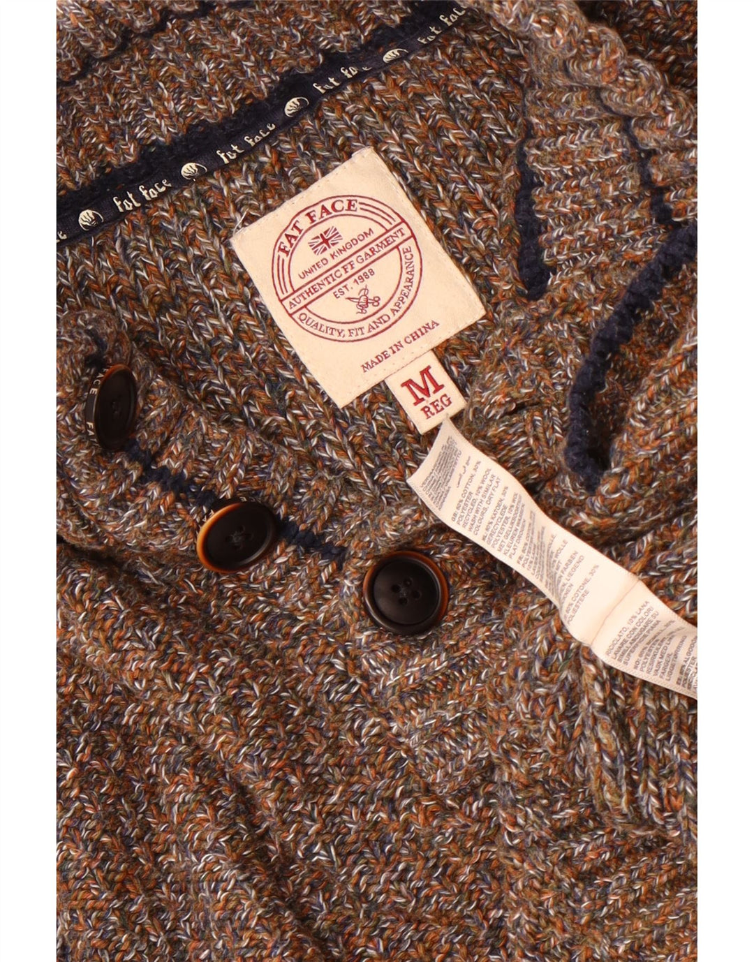 Maglione da uomo con collo abbottonato Fat Face in cotone screziato marrone medio