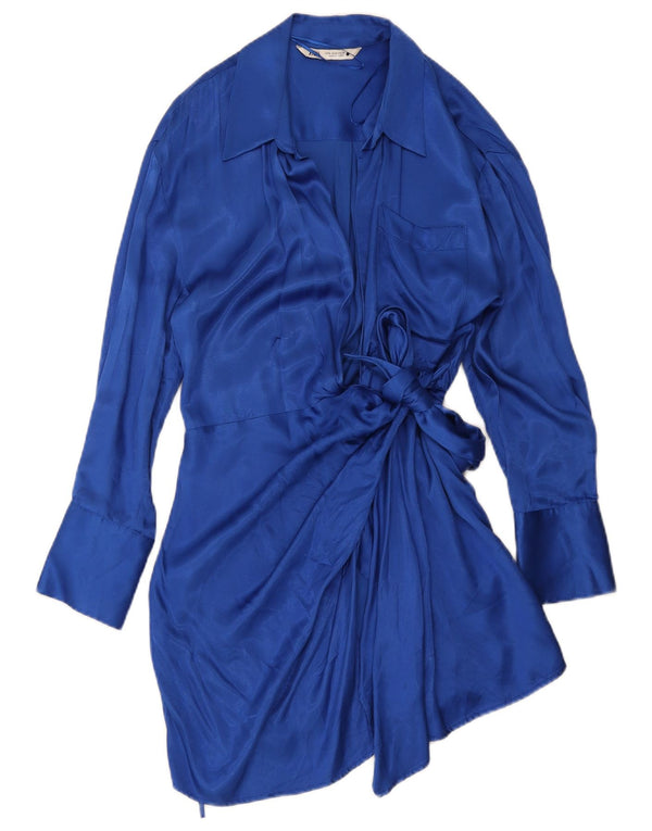 Abito a portafoglio a maniche lunghe da donna Zara UK 14 Viscosa blu medio