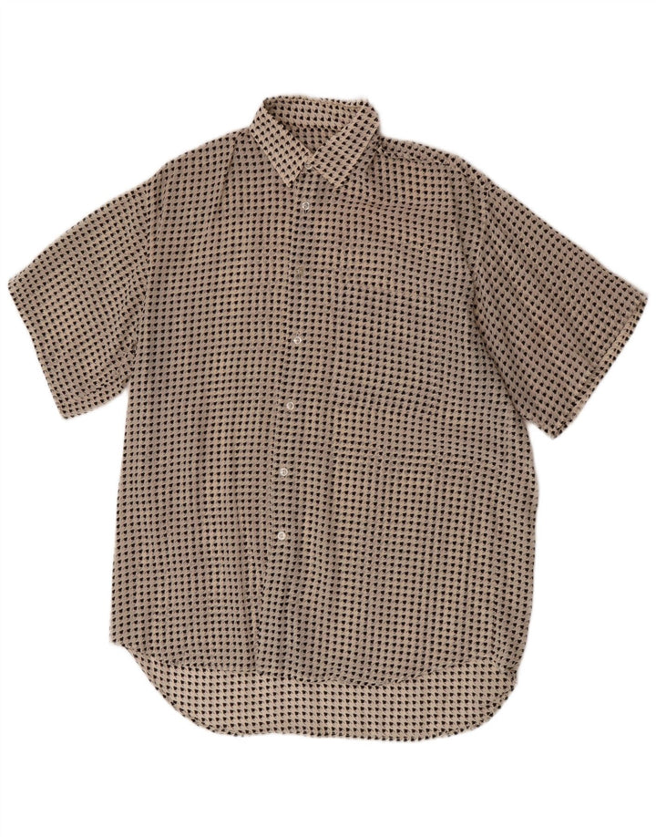 Camicia a maniche corte lunga da donna vintage UK 16 grande pied de poule bianco