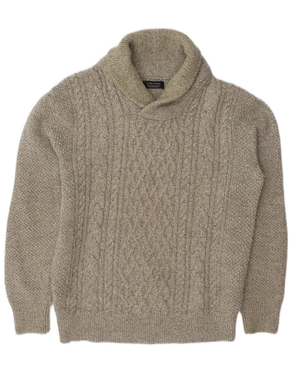 Maglione Zara da uomo con collo a scialle in acrilico chiazzato beige medio