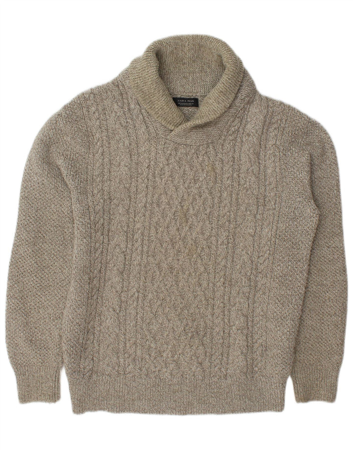 Maglione Zara da uomo con collo a scialle in acrilico chiazzato beige medio