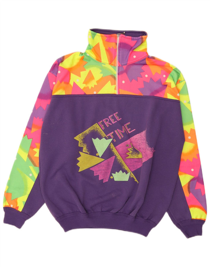 Felpa vintage da uomo con zip e collo maglione medio viola geometrico