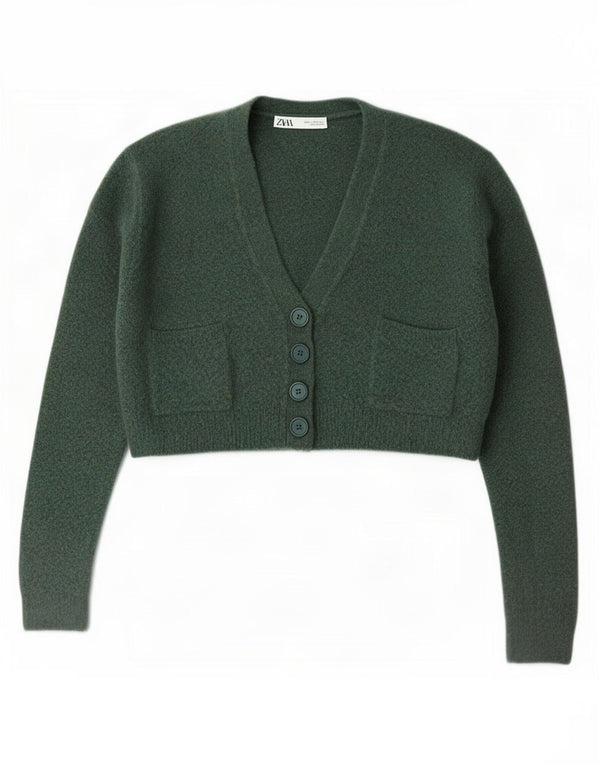 Zara Womens Loose Fit Crop Cardigan Sweater UK 10 Small Green Acrylic