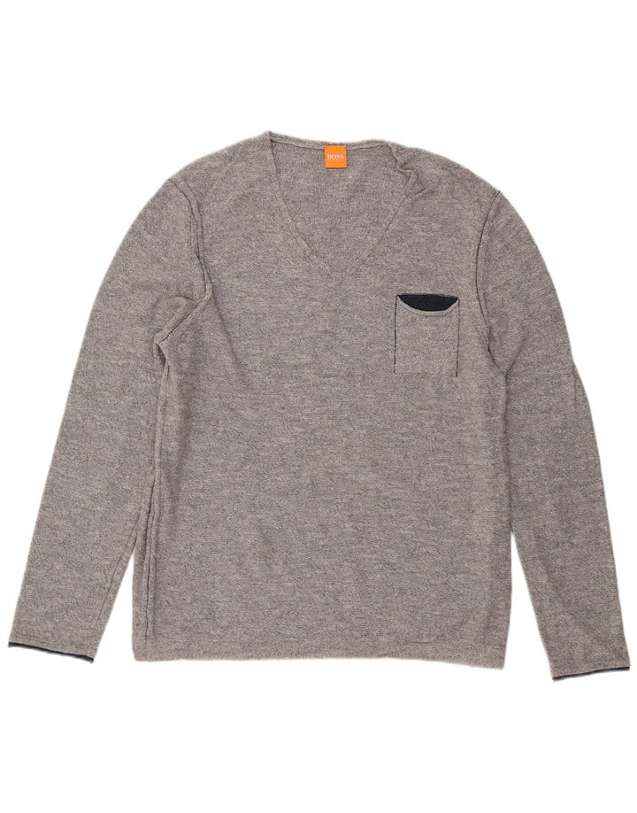 Maglione maglione da uomo con scollo a V Hugo Boss XL in cotone grigio