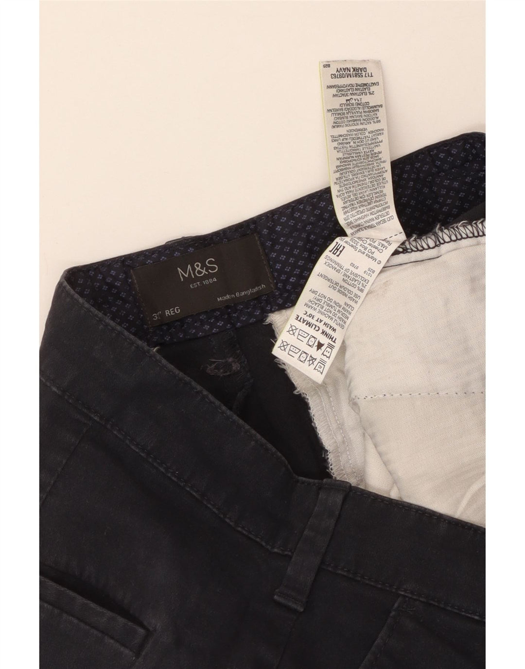 MARKS & SPENCER Pantaloncini chino da uomo vestibilità regolare W32 cotone blu navy medio