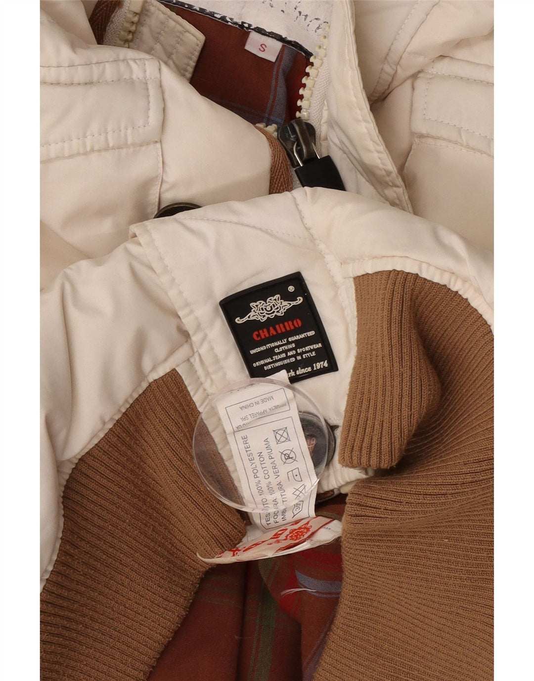 Giacca imbottita con cappuccio grafica da uomo Charro UK 36 piccola poliestere bianco