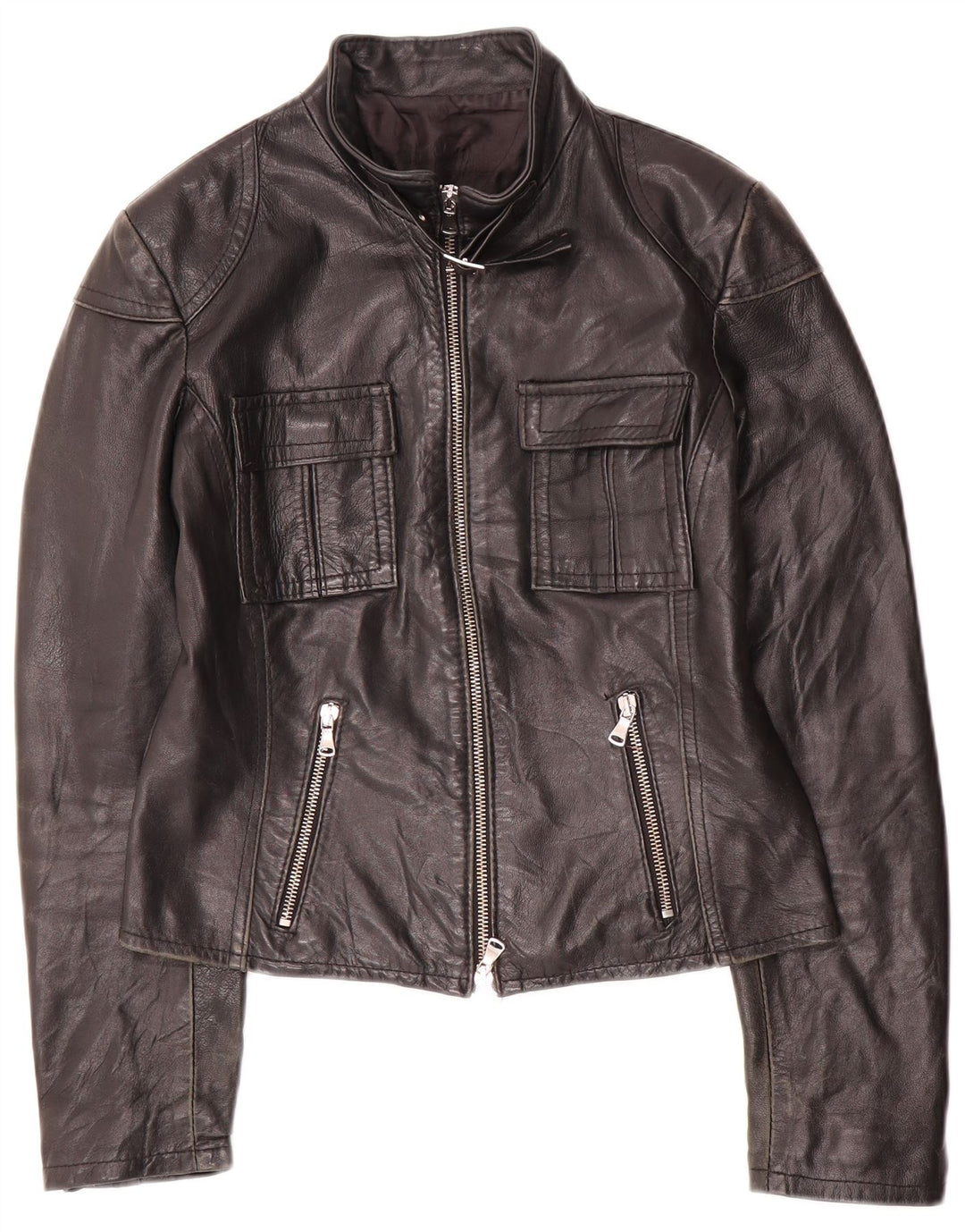 Giacca da corsa vintage in pelle corta da donna UK 10 piccola in pelle nera