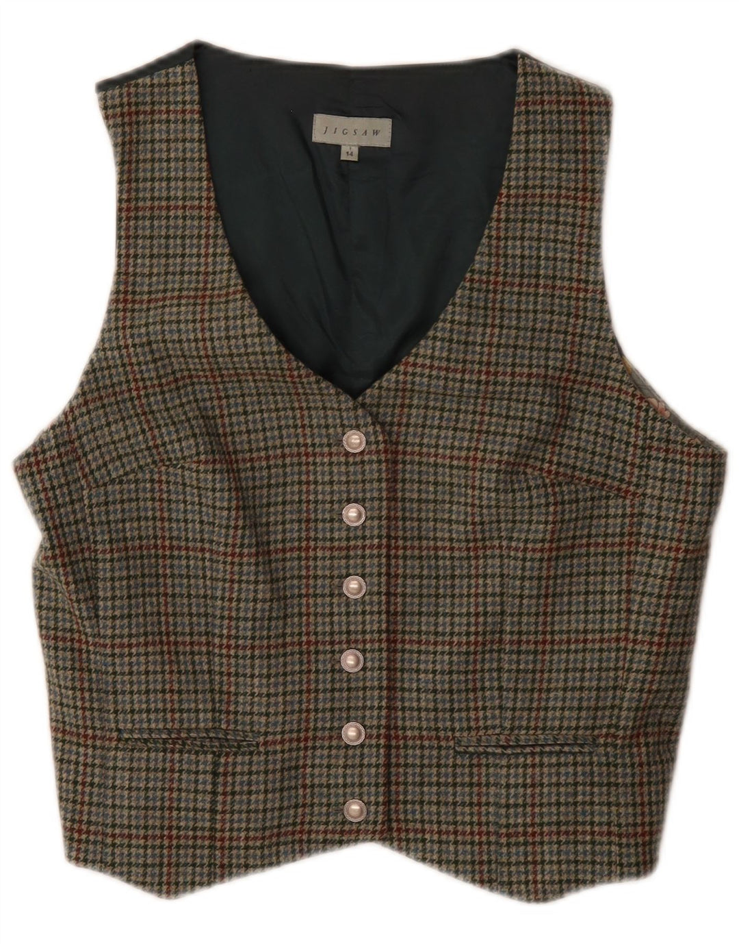 Gilet da donna Jigsaw UK 14 classico in lana pied de poule verde medio