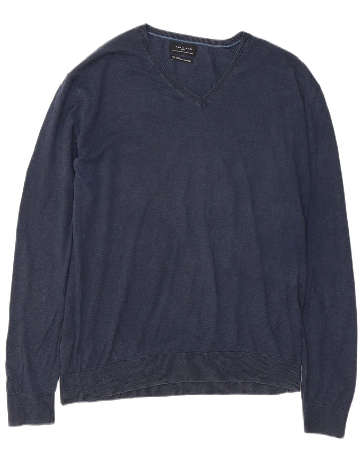 Maglione Zara da uomo con scollo a V XL in cotone blu navy
