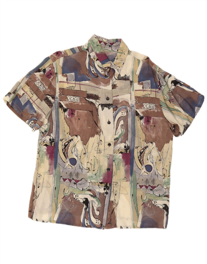 Camicia a maniche corte vintage da donna con motivo astratto grande multicolore