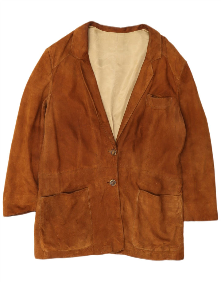 Giacca blazer vintage in pelle scamosciata da donna a 2 bottoni UK 14 Marrone medio