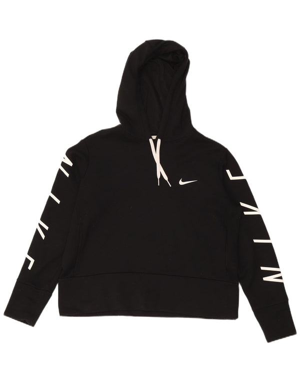 NIKE Felpa con cappuccio grafica corta da donna UK 14 Medium Nero Poliestere