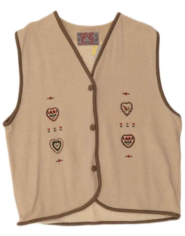 Vintage Womens Waistcoat UK 16 Large Beige Floral Cotton