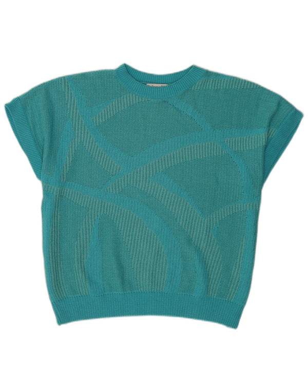 Camicetta vintage da donna in maglia a maniche corte IT 46 Grande turchese geometrico