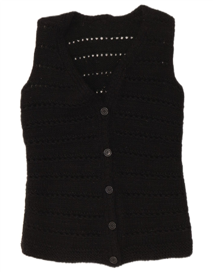 Maglione cardigan senza maniche vintage da donna UK 12 medio nero