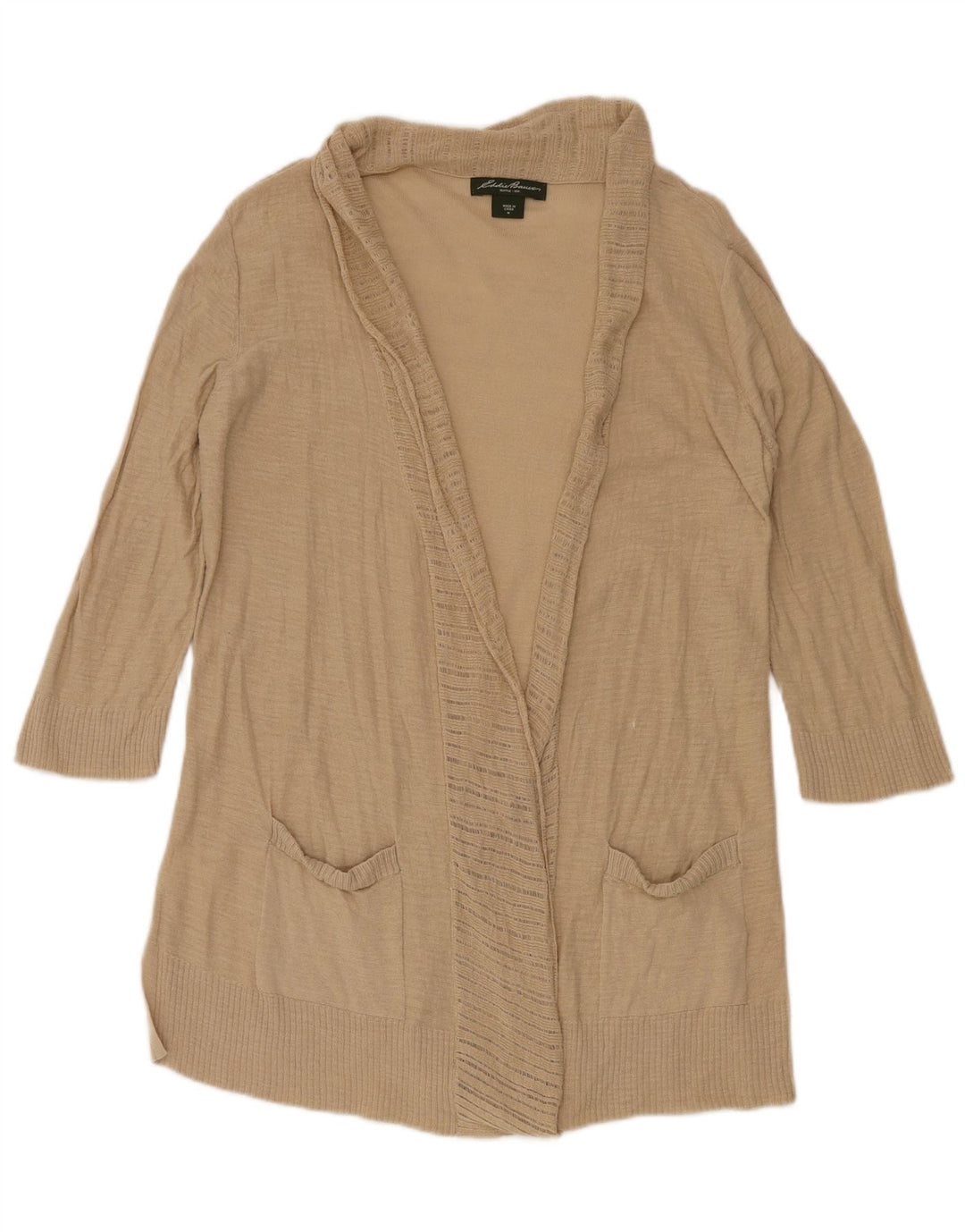 EDDIE BAUER Maglione cardigan aperto lungo da donna UK 12 Beige medio