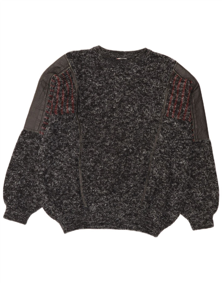 Maglione Vintage da Uomo Girocollo Taglia Large Nero in Patchwork di Lana