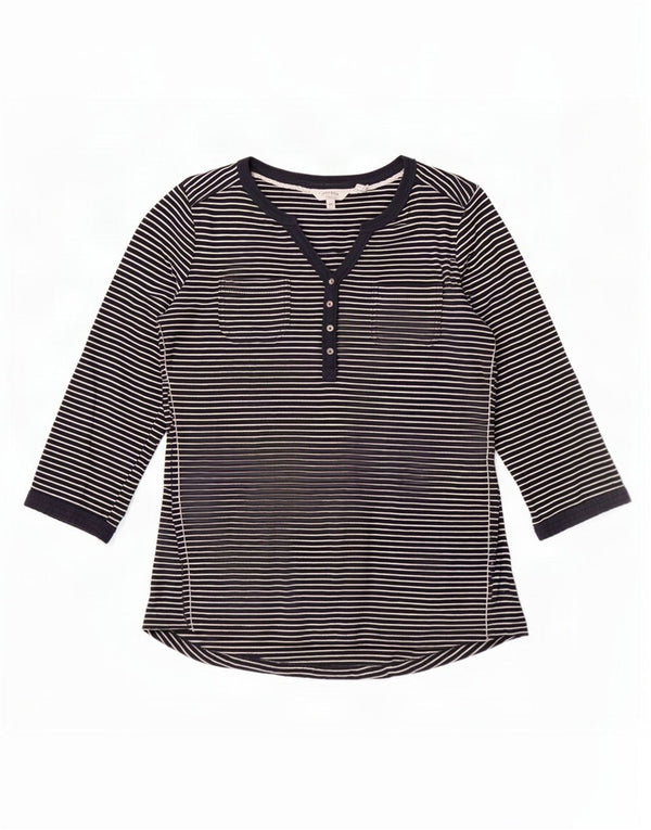 Top da donna Fat Face manica 3/4 UK 10 piccolo cotone gessato blu navy