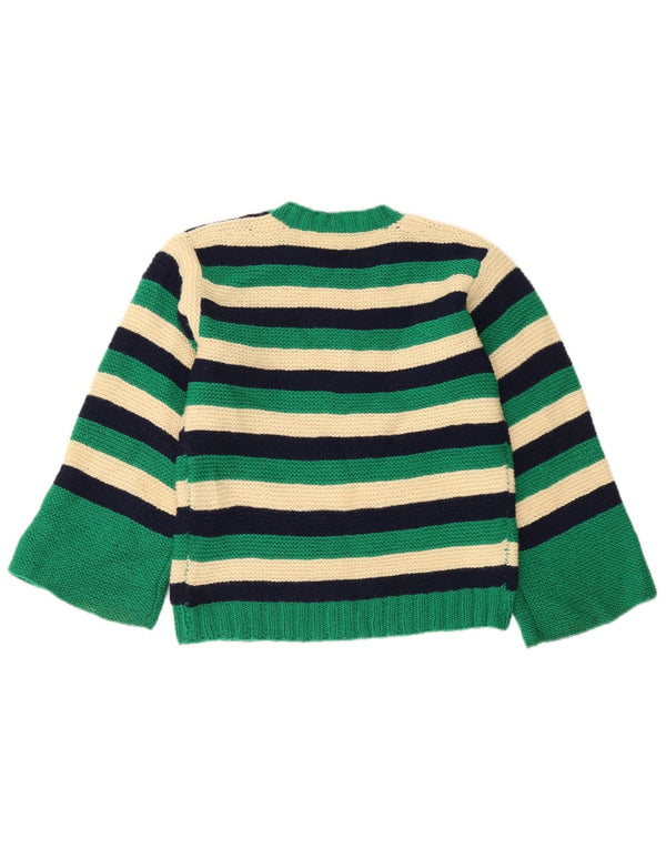 Maglione maglione girocollo da donna vintage UK 10 piccolo verde a righe