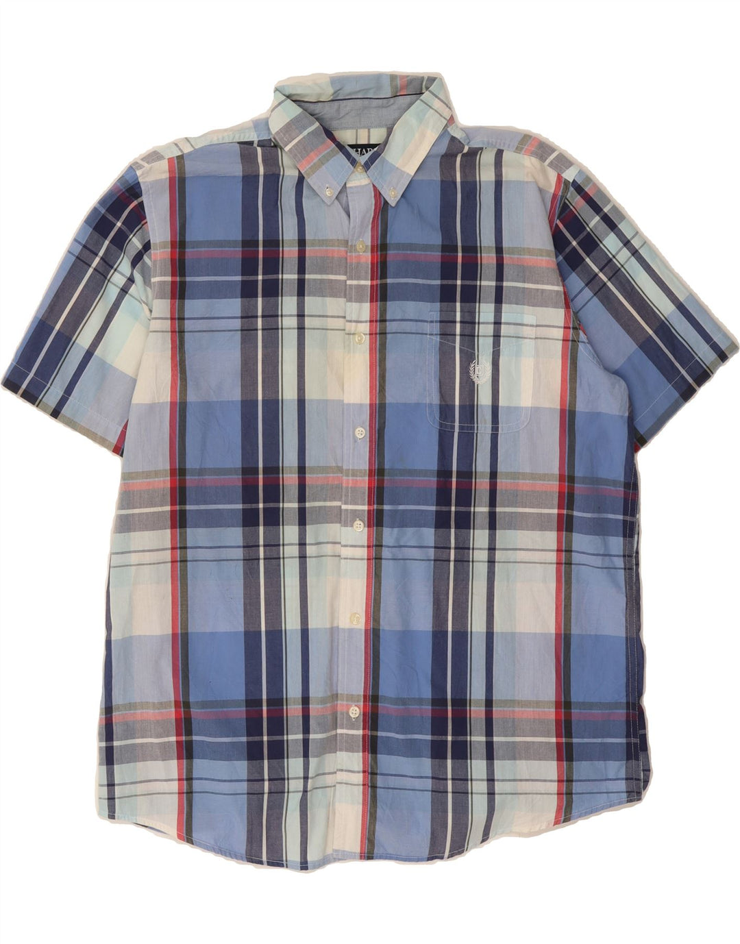 CHAPS Mens Easy Care Short Sleeve Shirt Large Blue Check Cotton Vintage Chaps and Second-Hand Chaps from Messina Hembry 