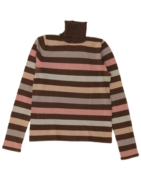 Zara Womens Roll Neck Jumper Sweater UK 14 Large Brown Striped Silk