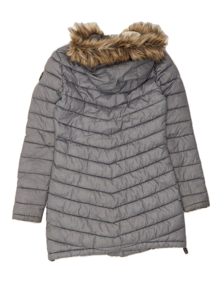 SUPERDRY Womens Hooded Padded Coat UK 10 Small Grey Houndstooth Polyester Vintage Superdry and Second-Hand Superdry from Messina Hembry 