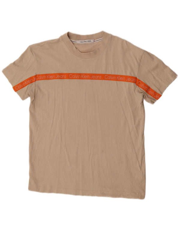 Calvin Klein Jeans T-shirt grafica da uomo Top Large Beige Colourblock Cotton