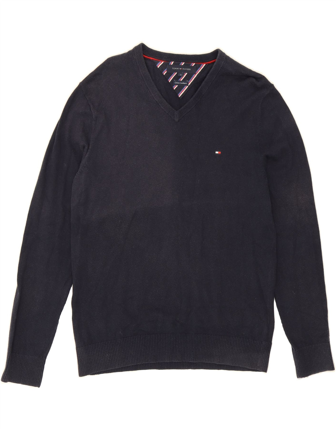 TOMMY HILFIGER Mens V-Neck Jumper Sweater Medium Navy Blue Cotton Vintage Tommy Hilfiger and Second-Hand Tommy Hilfiger from Messina Hembry 
