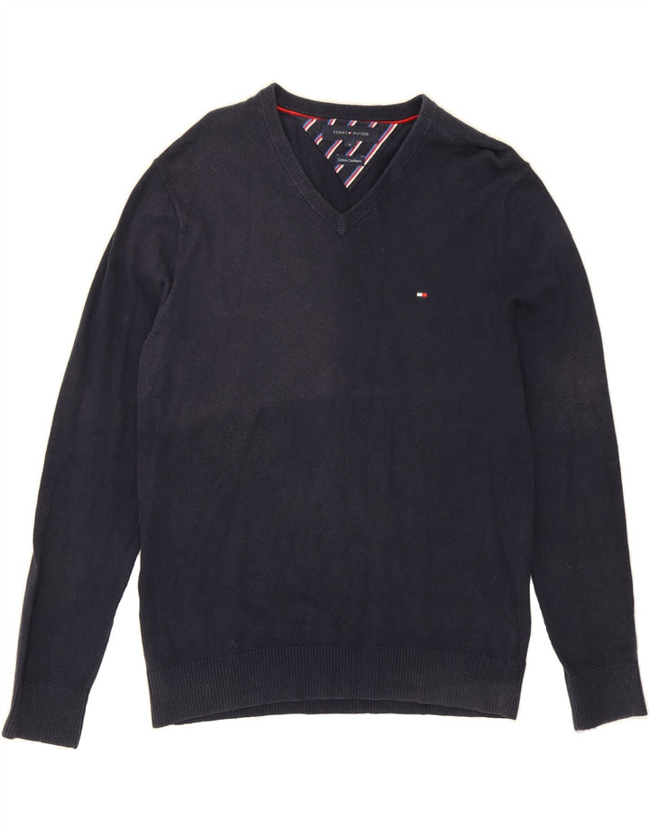 TOMMY HILFIGER Mens V-Neck Jumper Sweater Medium Navy Blue Cotton Vintage Tommy Hilfiger and Second-Hand Tommy Hilfiger from Messina Hembry 