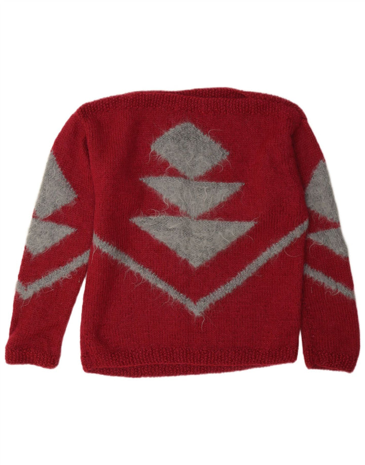 Maglione maglione vintage da donna con scollo a barca UK 12 rosso medio geometrico
