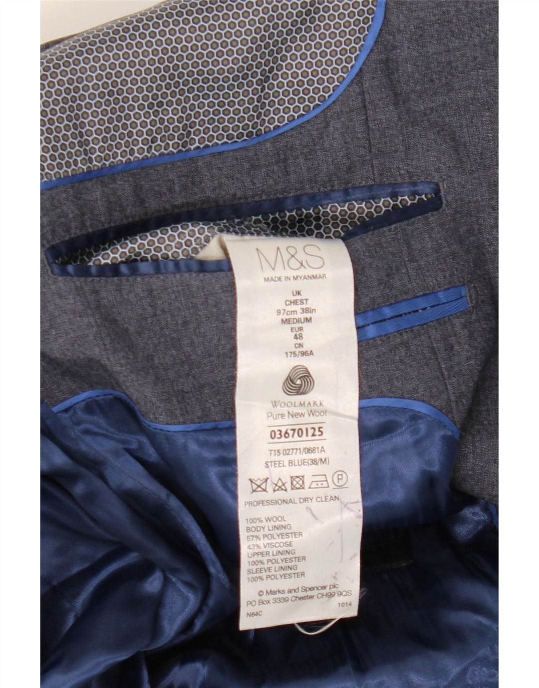 Giacca blazer a 1 bottone da uomo Marks & Spencer UK 38 lana blu medio
