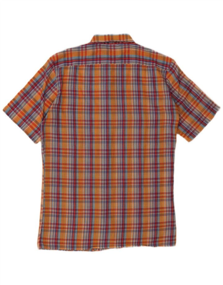 Camicia vintage da uomo a maniche corte in poliestere a quadri arancione piccolo