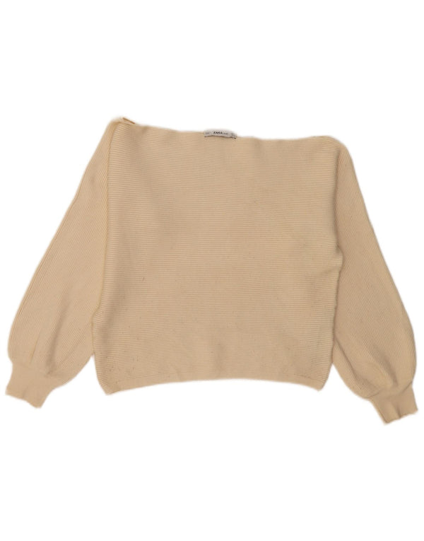 Maglione corto con scollo a barca da donna Zara UK 16 grande in viscosa bianco sporco