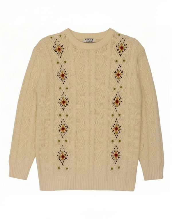 Maglione maglione con scollo a barca da donna Avant Garde UK 14 medio bianco sporco floreale