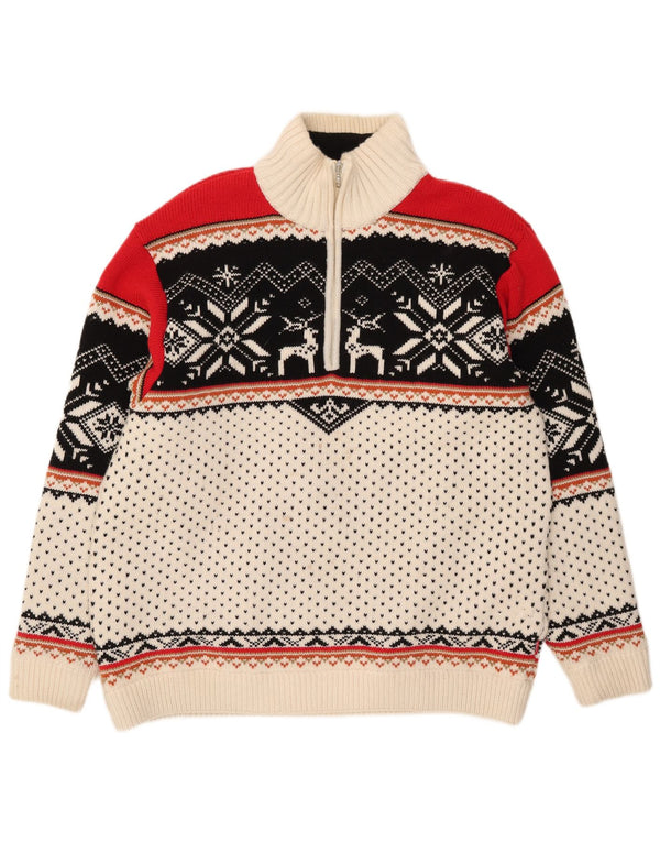Maglione vintage da uomo con zip e collo 2XL bianco sporco Fair Isle