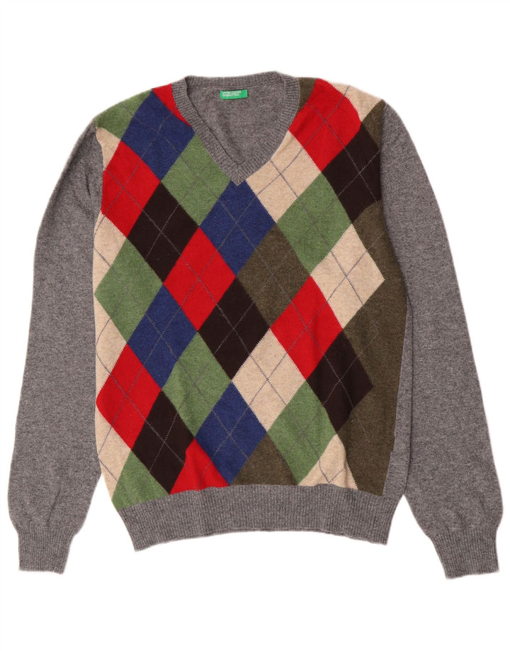 Maglione da uomo con scollo a V Benetton, grigio medio, lana a rombi/diamante