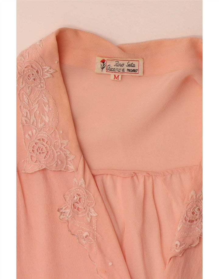 Camicetta camicia a maniche corte da donna vintage UK 14 seta rosa media