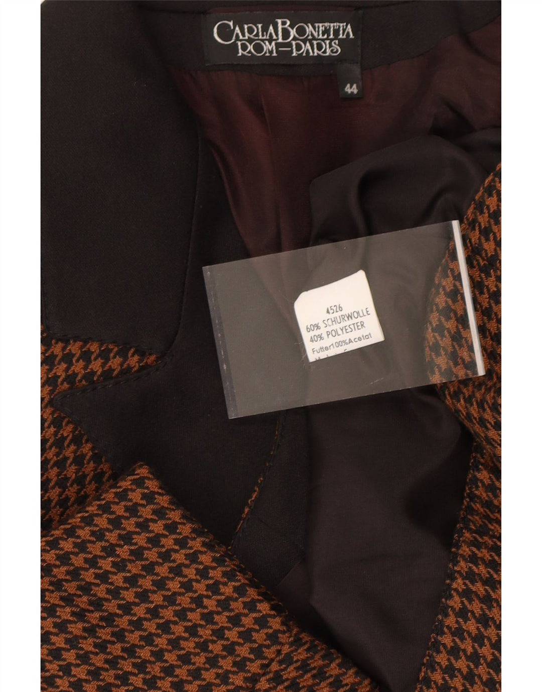VINTAGE Womens Crop 1 Button Blazer Jacket EU 44 XL Brown Houndstooth Wool Vintage Vintage and Second-Hand Vintage from Messina Hembry 