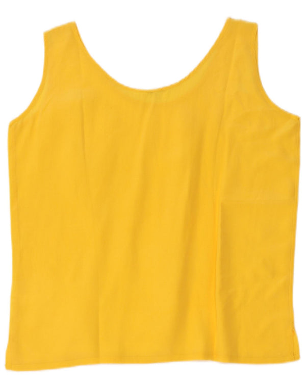 Top camicetta senza maniche corta da donna vintage UK 16 grande seta gialla
