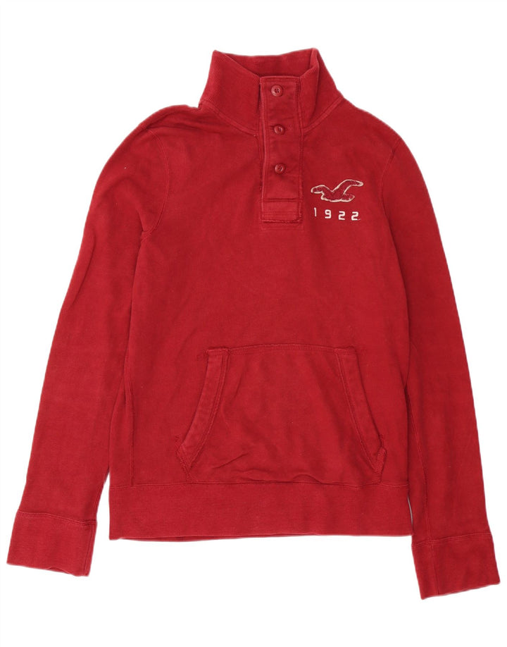 Felpa Hollister da uomo con collo con bottoni grafici, maglione, cotone rosso medio