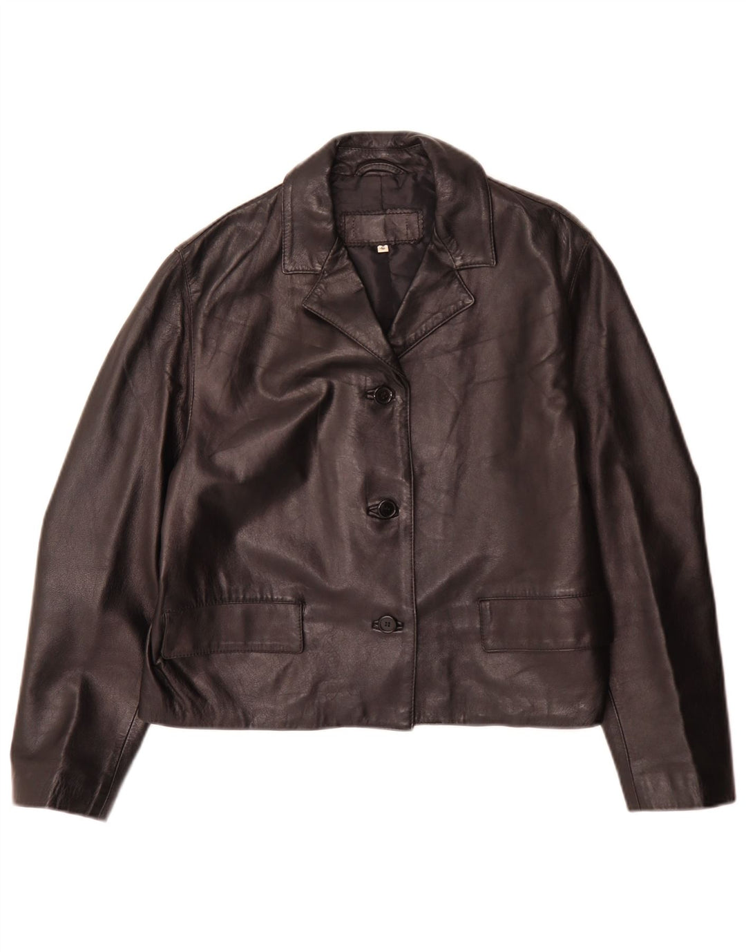 Giacca blazer in pelle oversize da donna vintage a 3 bottoni UK 10 piccola nera