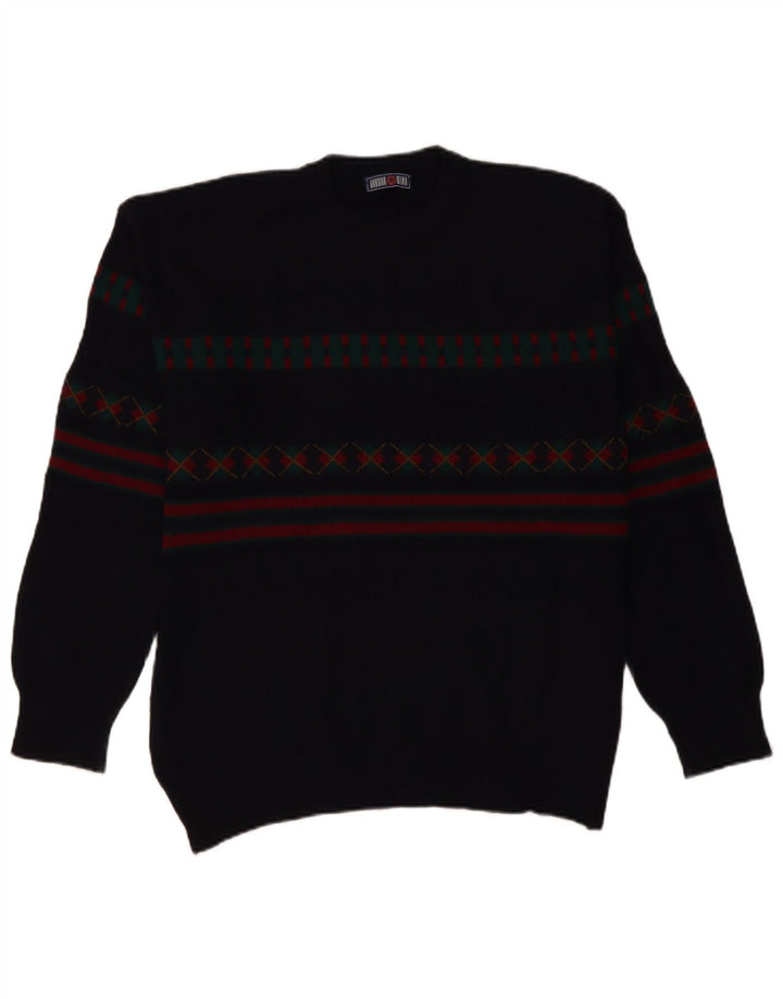 Maglione maglione collo alto da uomo VINTAGE IT 50 grande blu navy geometrico