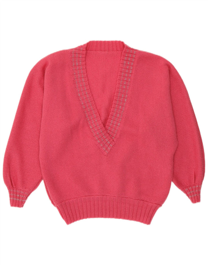 Maglione maglione con scollo a V da donna VINTAGE UK 14 Rosa medio