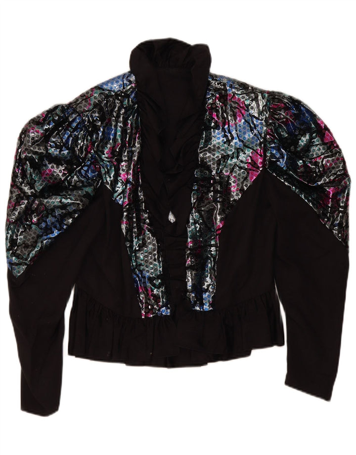 Top camicetta a maniche lunghe da donna vintage UK 10 piccolo nero