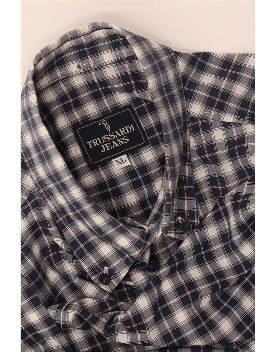 Camicia Trussardi Jeans Uomo Manica Corta XL Blu Navy a Quadri